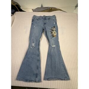 Arizona Flare Jeans Size 12 Y2K Boho Floral Embroidered Bell Bottom Denim
